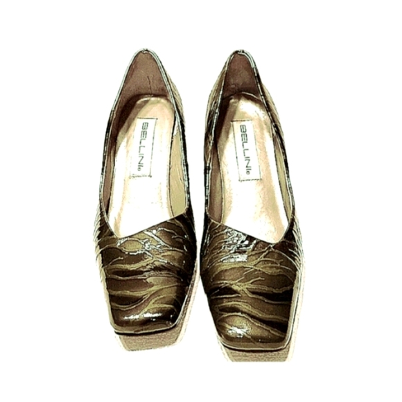 Embossed Camo Wedding Green Square Toe Pumps Block Heel 9B Patton Leather Snake - Picture 3 of 8